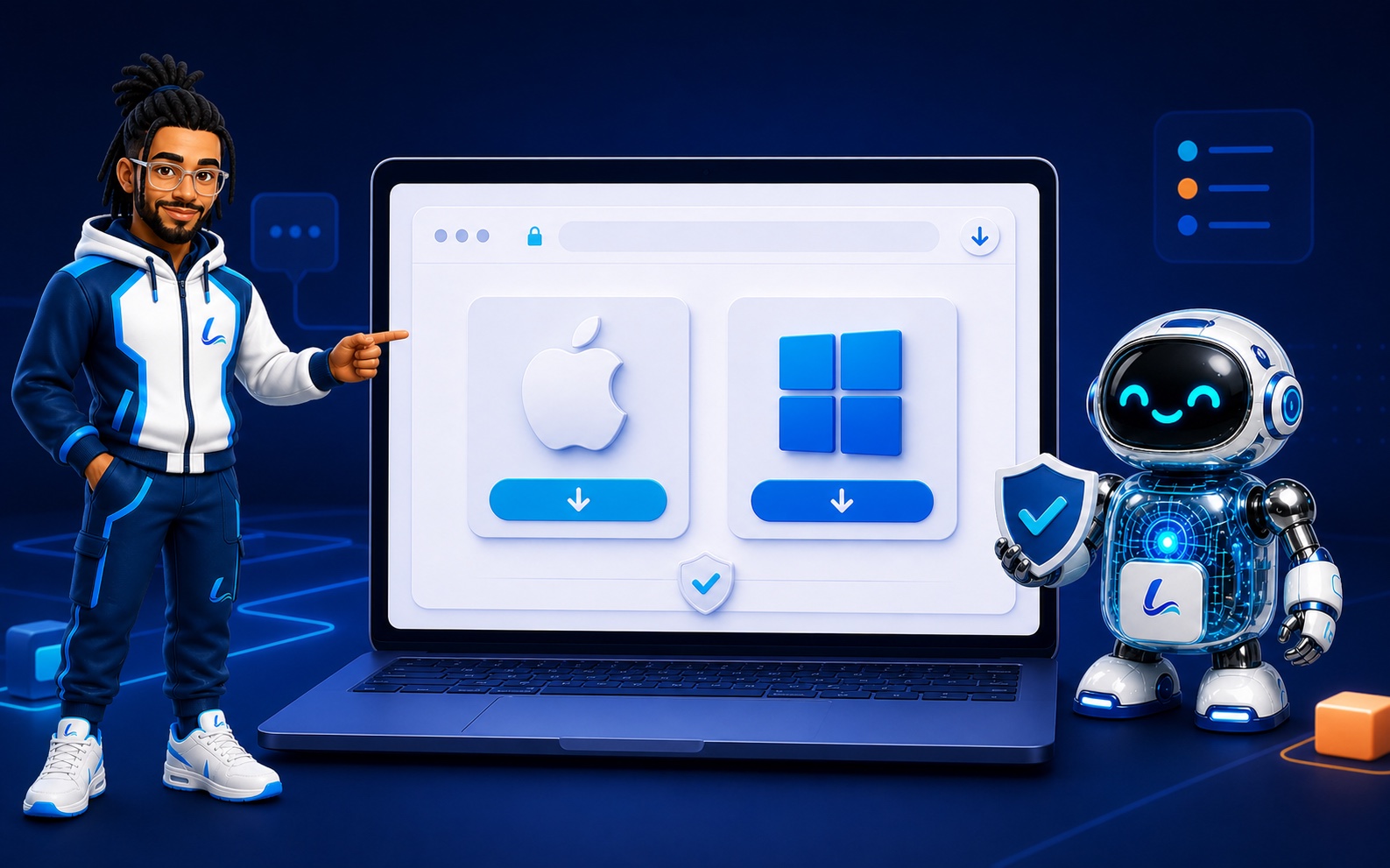 LingQi 和 Hamza 引导客户选择官方 Mac 或 Windows 版 LingQi Assistant 下载